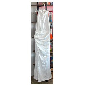 Milla white mock neck sleeveless low slit dress